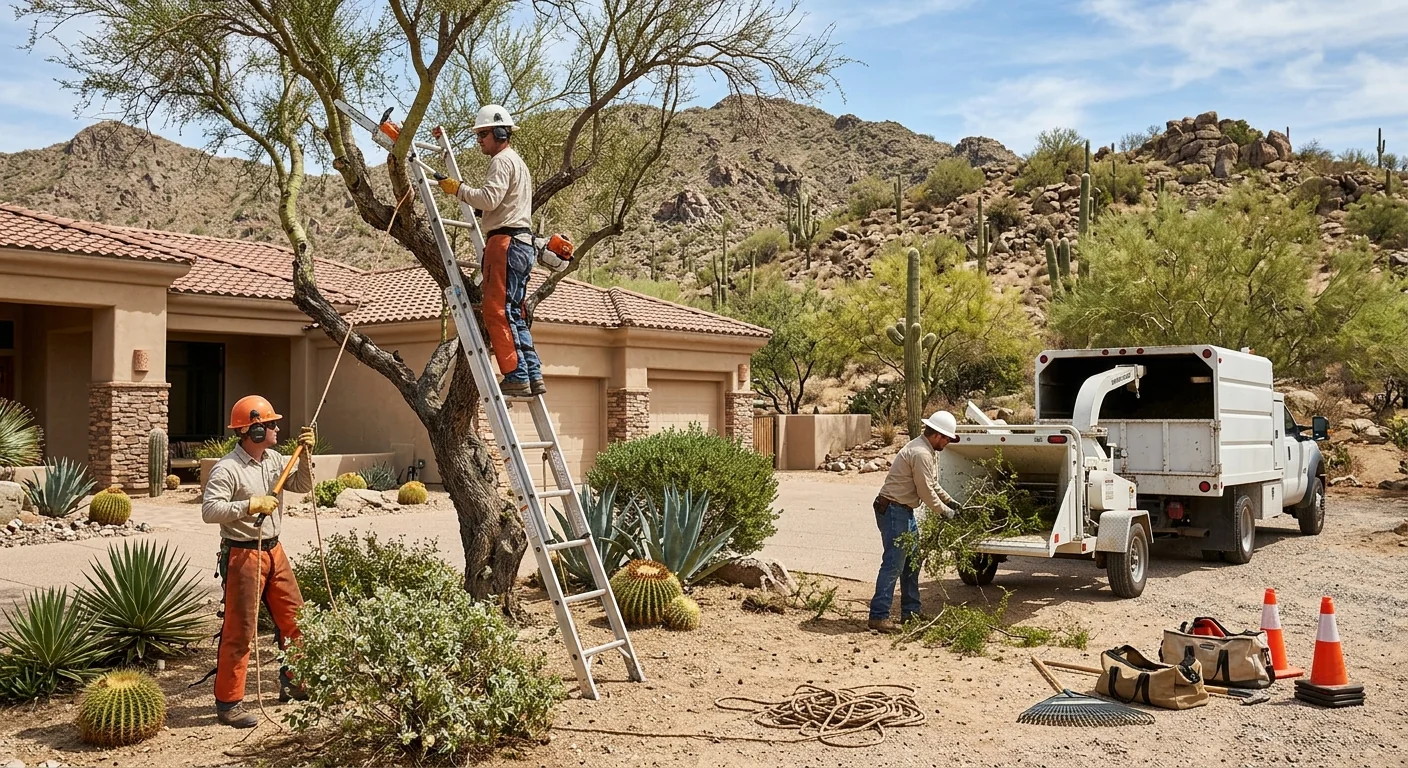 Tree crew clearing dense desert brush from a Cave Creek property lot