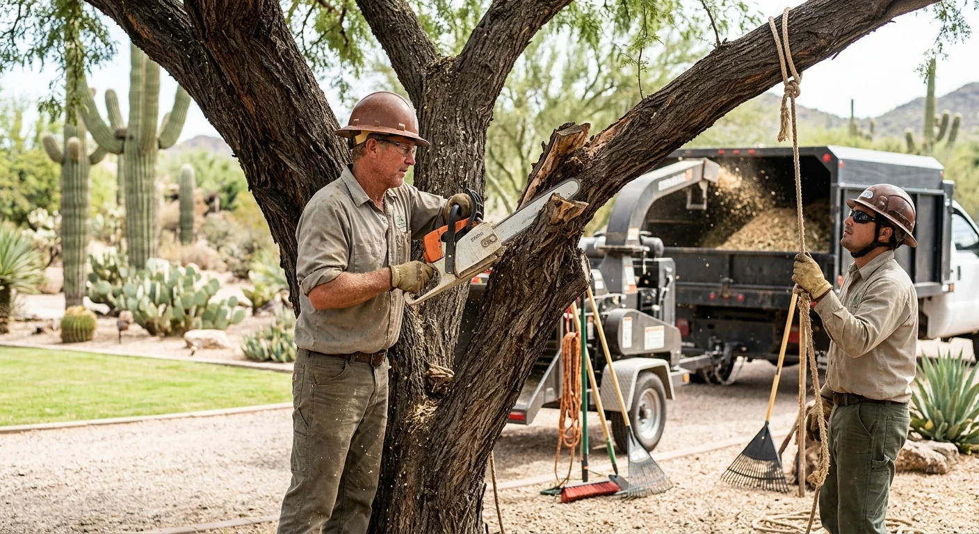 Crew clearing dry desert brush and undergrowth from a Cave Creek property lot