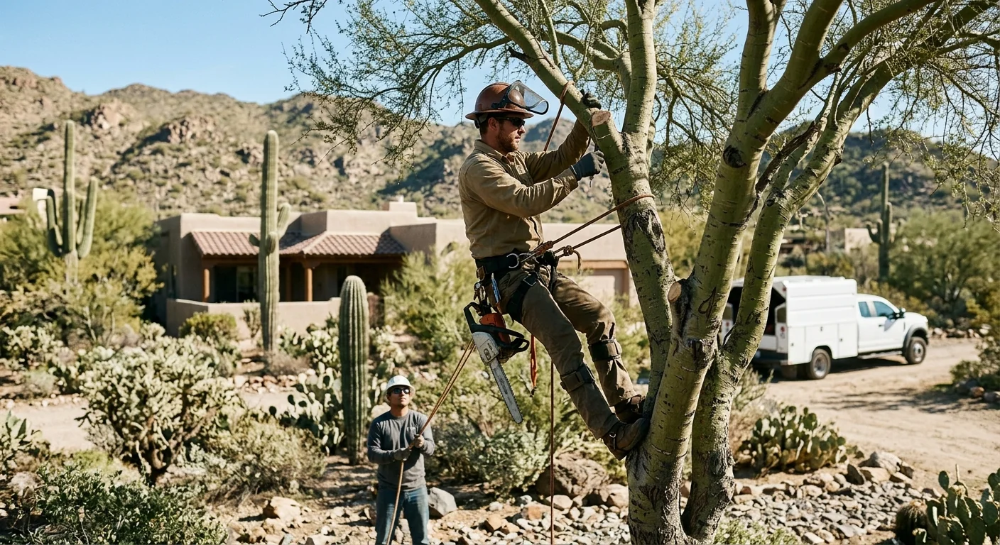 Crew clearing dense desert brush from a Cave Creek residential property lot