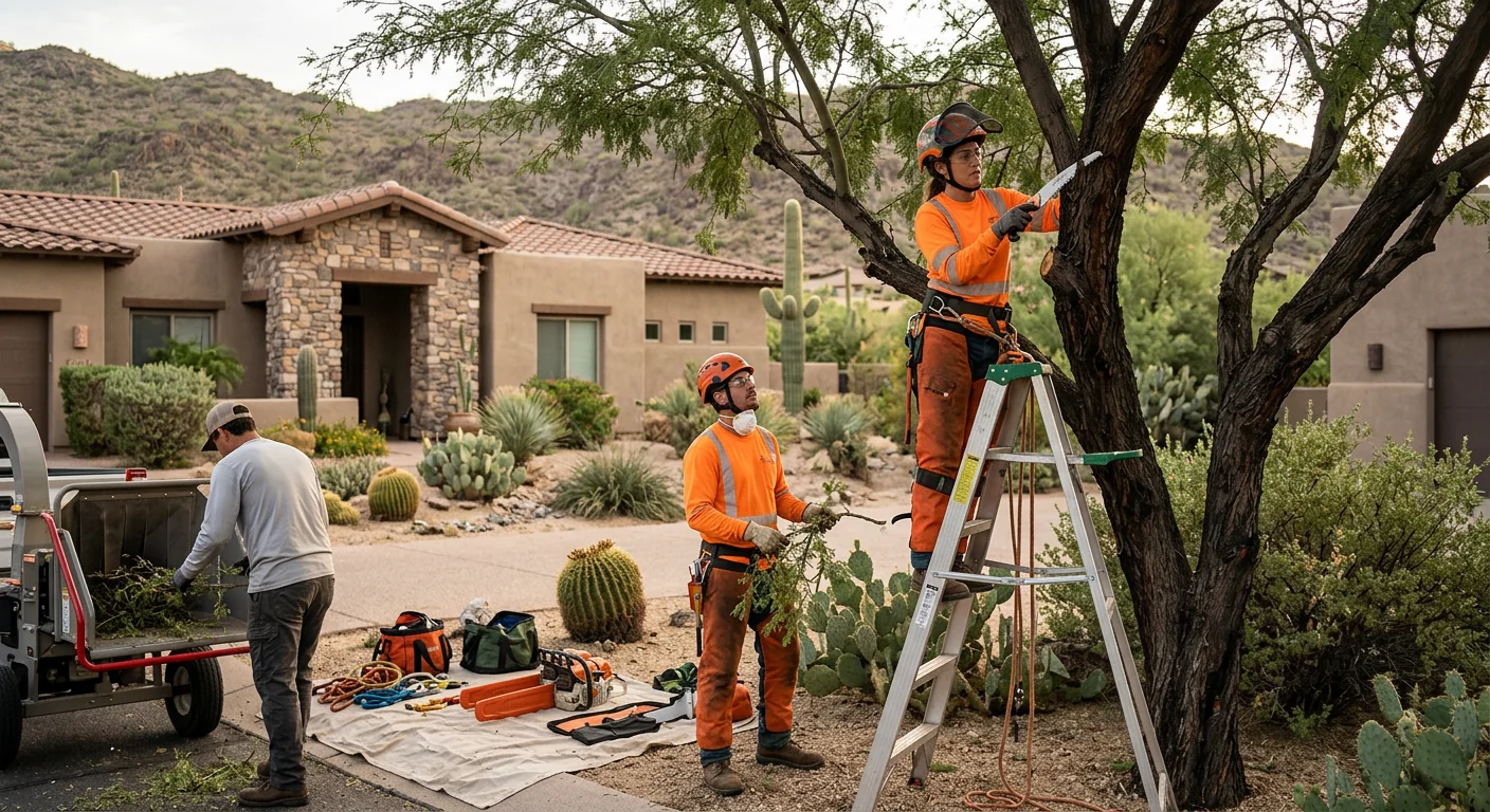 Tree crew clearing dense desert brush from a Cave Creek property lot