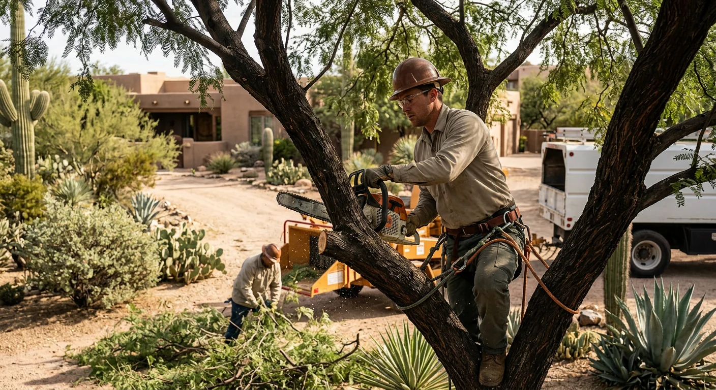 Arborist reviewing crane placement and rigging plan for a large tree removal in a desert yard