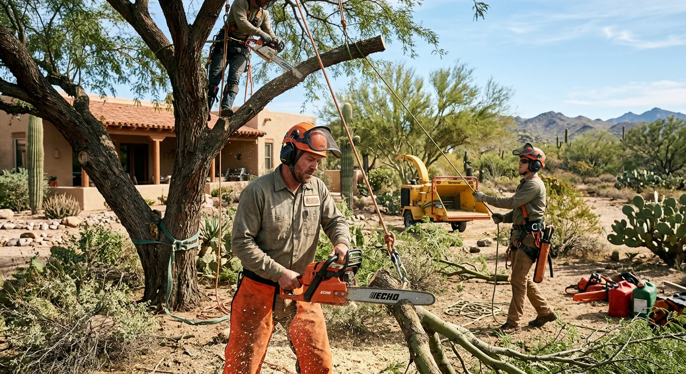 Crane lifting a large removed tree over a Cave Creek property