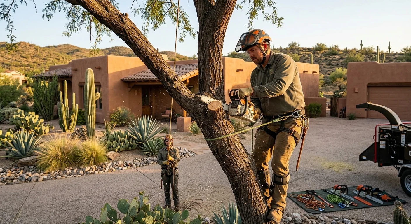 Crane lifting a large removed tree section over a desert property