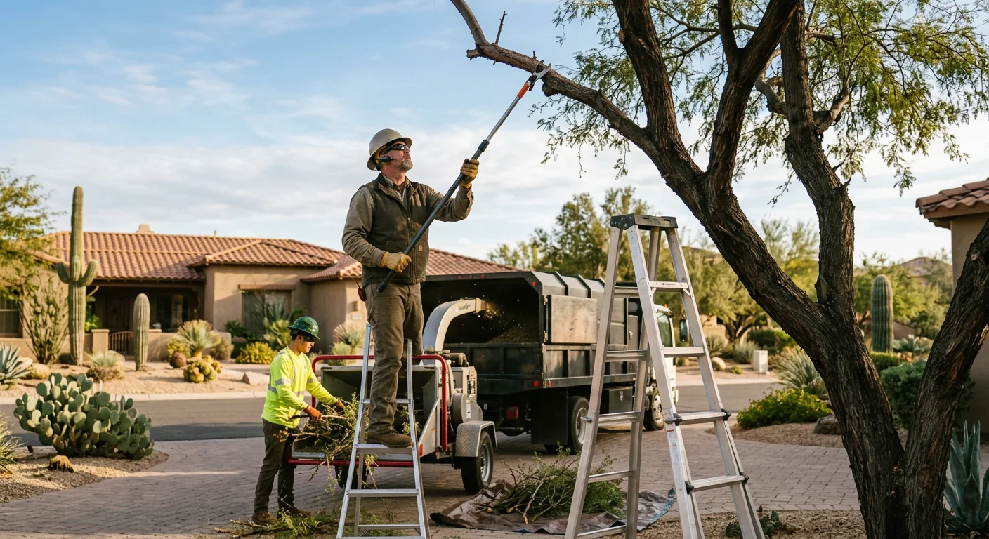 Crane lifting a large sectioned tree above a Cave Creek desert property