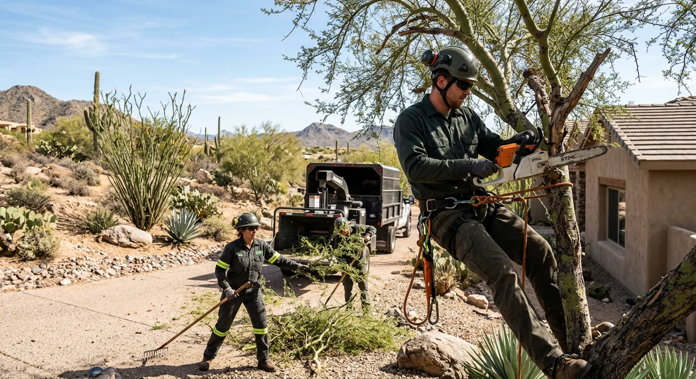 Crane lifting a large removed tree section over a Cave Creek property