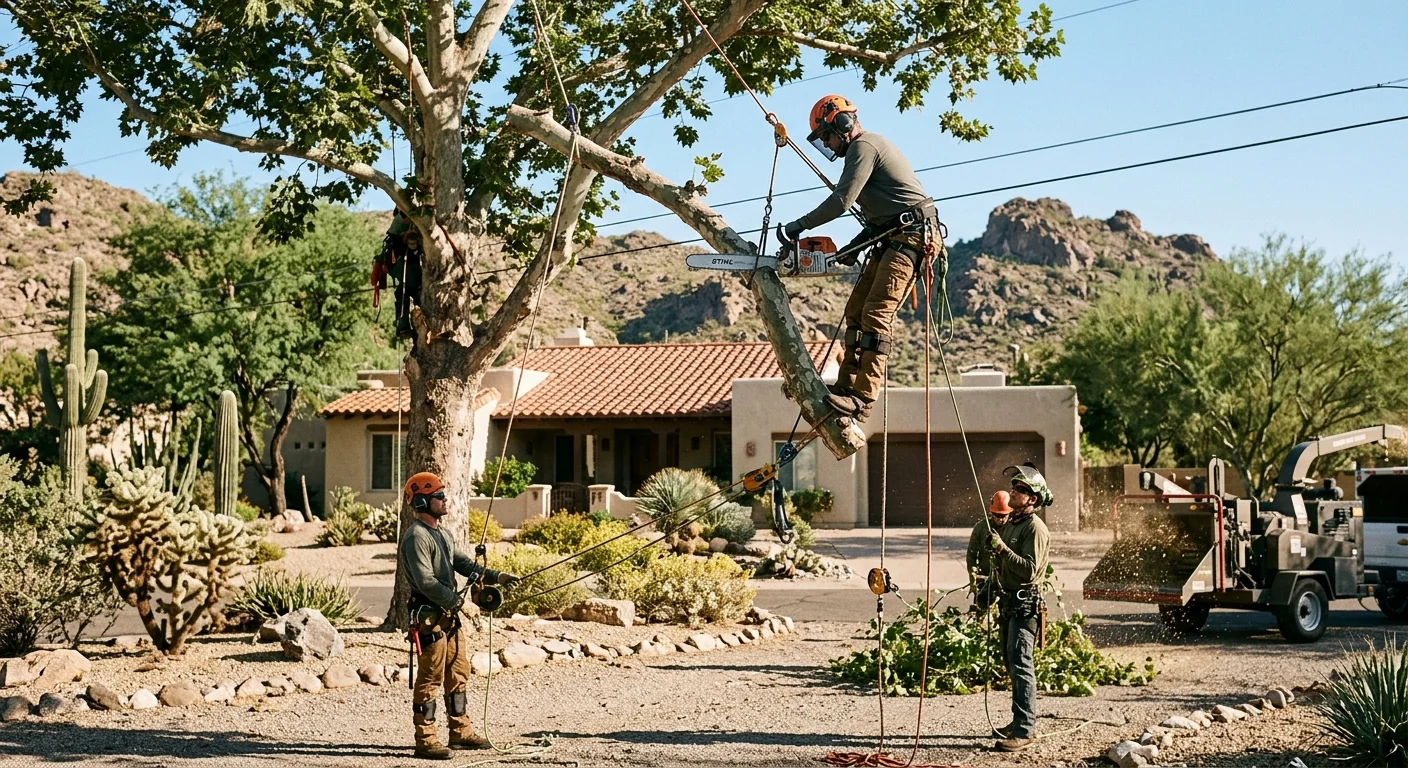 Arborist evaluating a storm-damaged trunk before emergency removal in Cave Creek