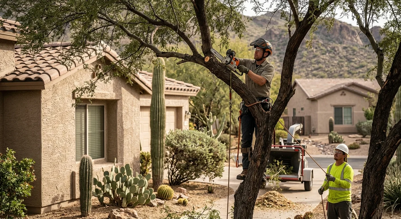 Crew clearing a storm-fallen tree from a Cave Creek residential driveway
