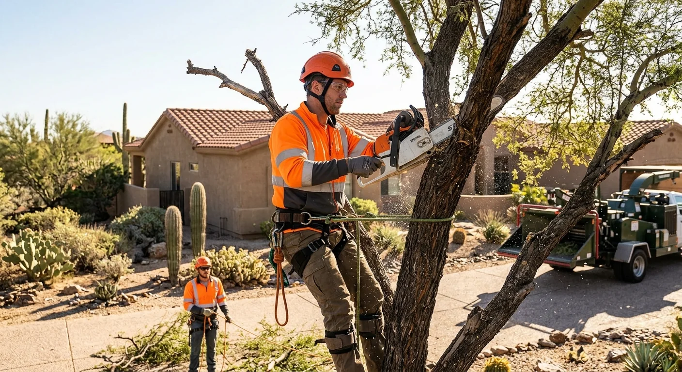 Crew rigging a storm-damaged tree away from a Cave Creek home