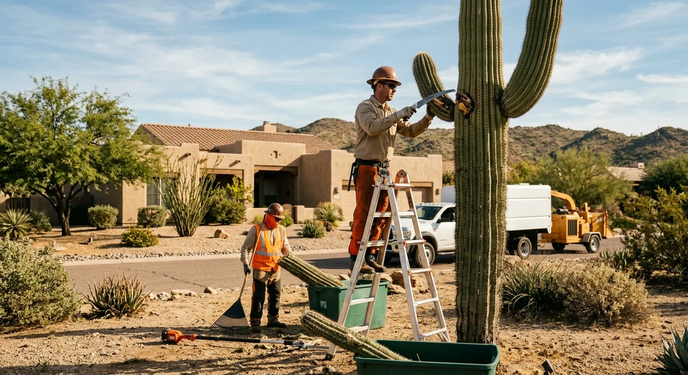 Emergency tree crew clearing storm-damaged limbs from a Cave Creek property at night