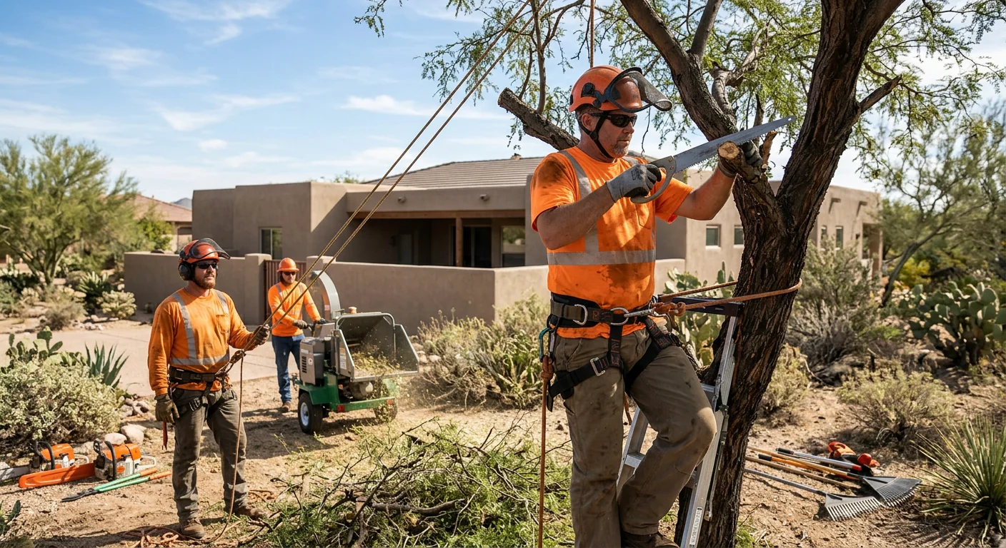 Crane-assisted removal of a large hazardous tree beside a Cave Creek residence