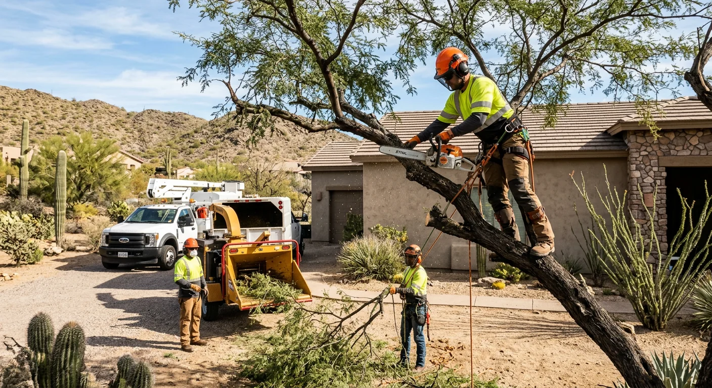 Arborist evaluating a hazardous desert tree near a Cave Creek home