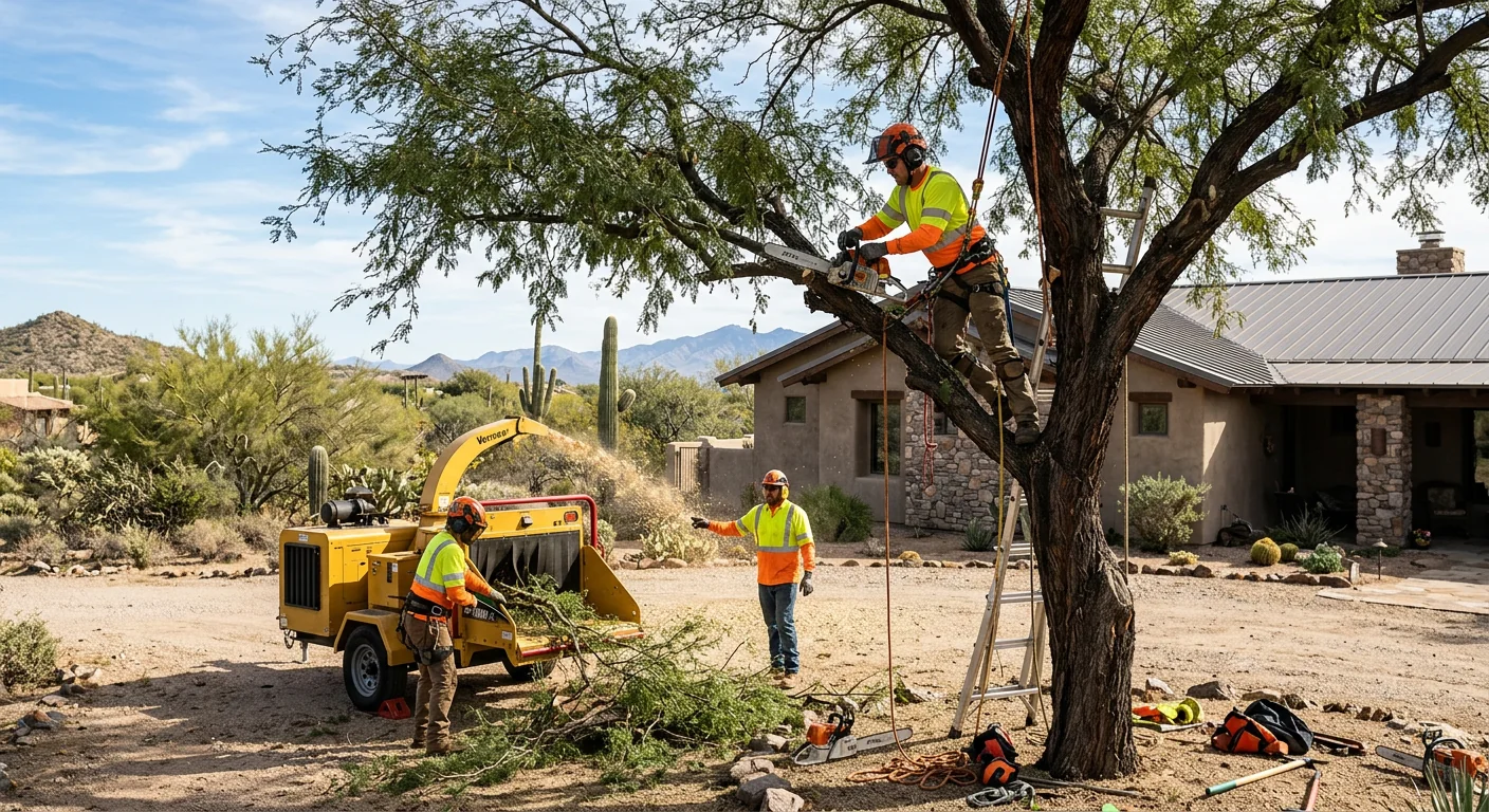 Arborist evaluating a leaning desert tree near a Cave Creek home