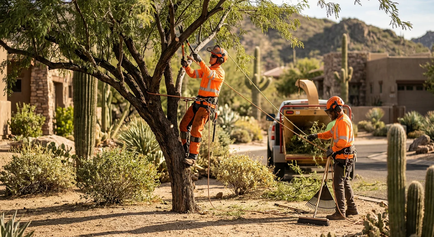 Arborist crew lowering a hazardous tree section near a Cave Creek desert home