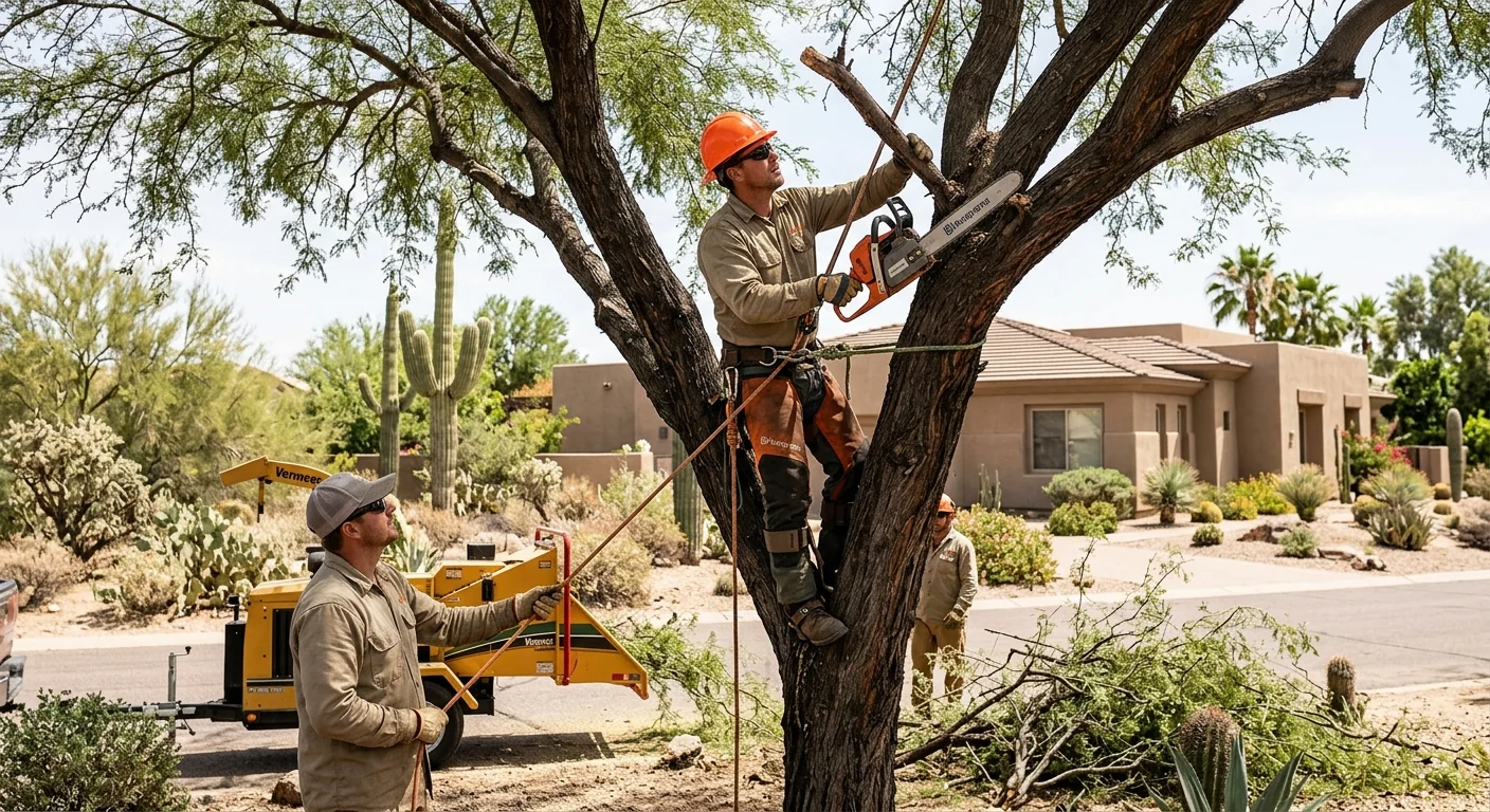 Tree crew rigging a hazardous limb for controlled removal near a Cave Creek desert home