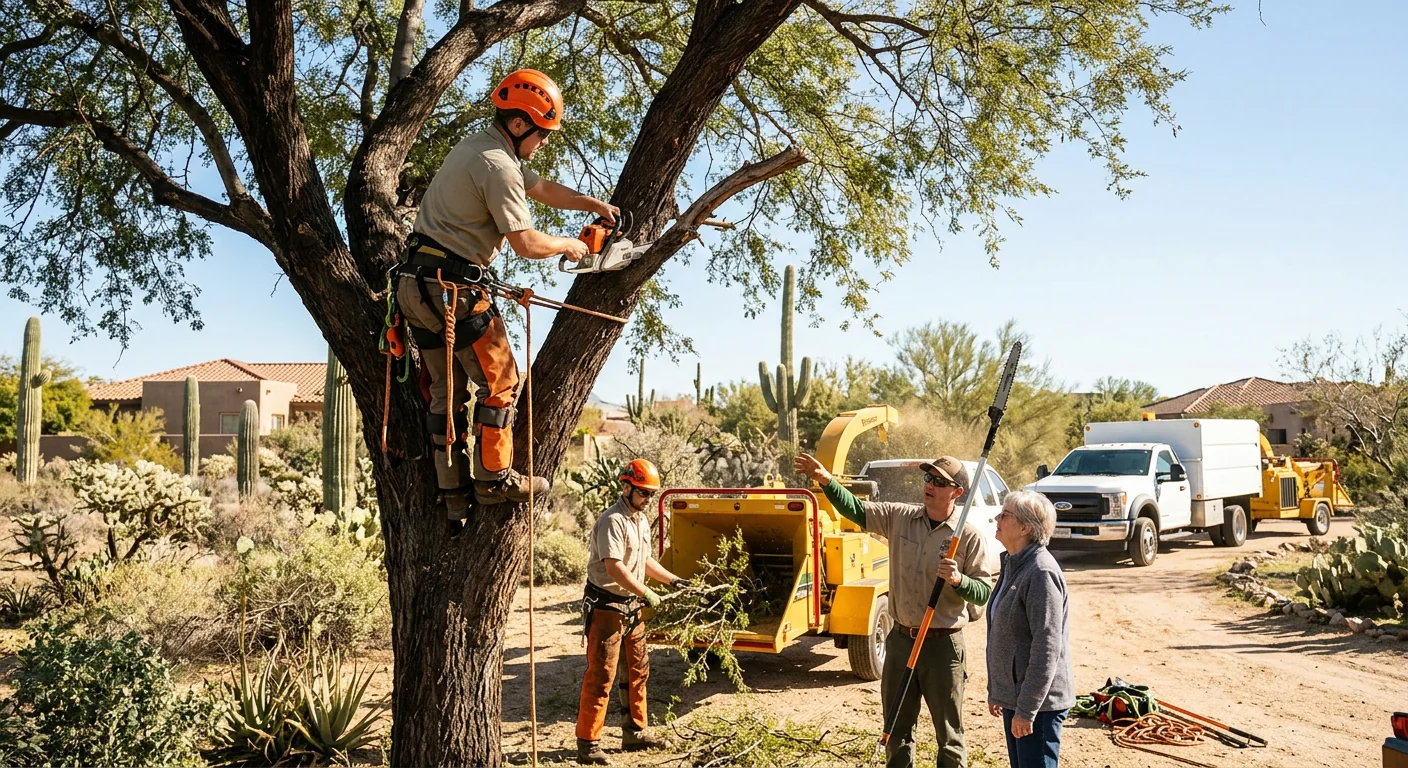 Skid steer with mulching attachment clearing brush from a desert lot in Cave Creek