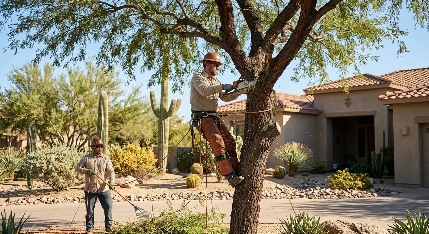 Crew clearing brush and vegetation from a rocky Cave Creek desert lot