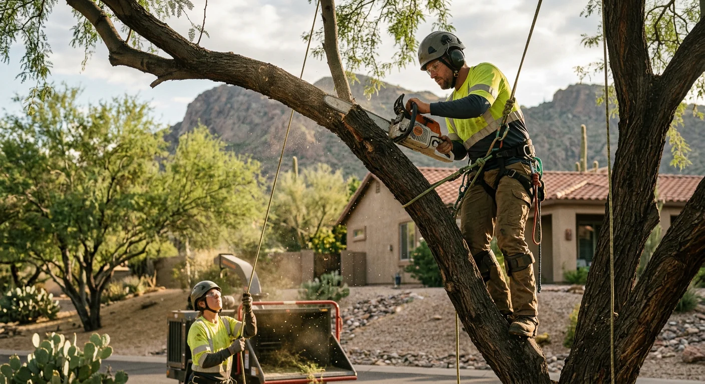 Arborist assessing a wind-damaged mesquite tree for cleanup pricing in a Cave Creek yard