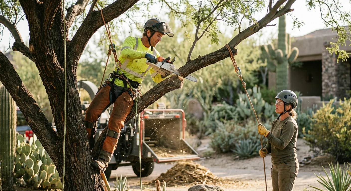 Storm-damaged trees being cleared from a Cave Creek residential property after monsoon winds