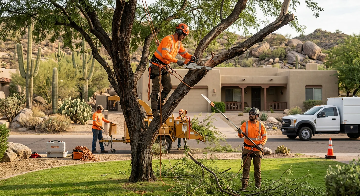 Crew clearing storm-downed tree limbs from a desert residential yard