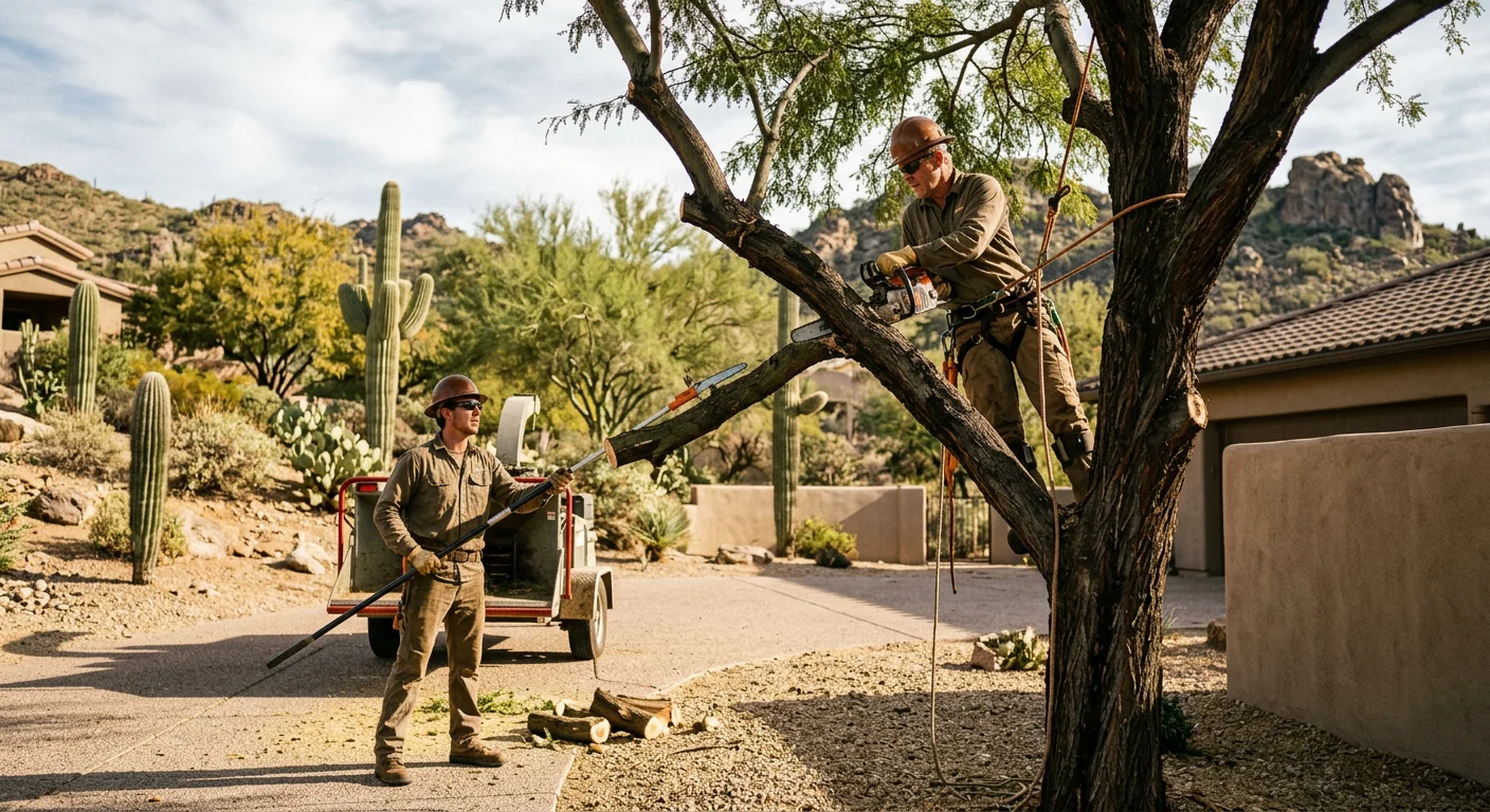 Crew clearing storm-damaged mesquite branches from a Cave Creek desert property