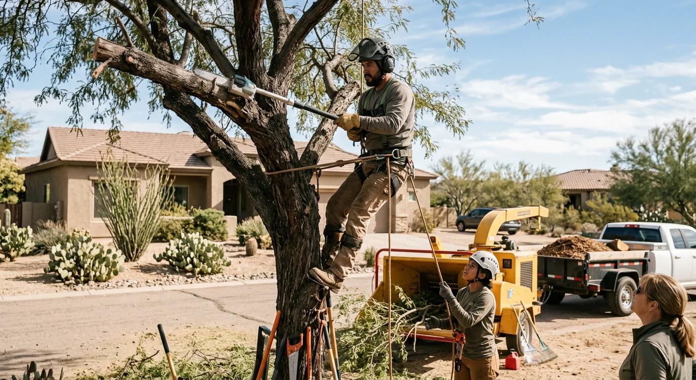 Tree crew clearing storm-damaged branches from a Cave Creek desert property after monsoon winds