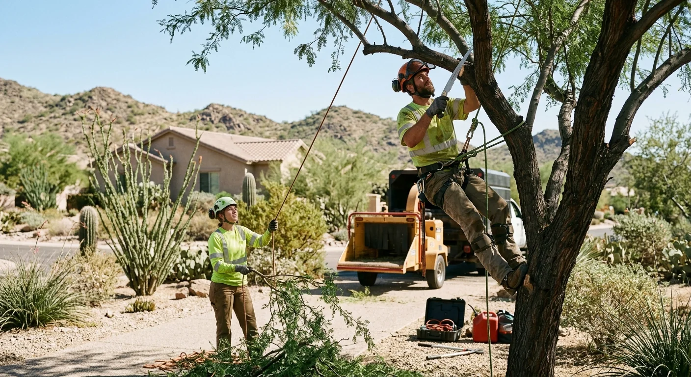 Stump grinder removing a tree stump in a Cave Creek backyard