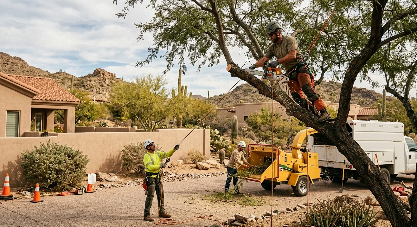 Stump grinder reducing a tree stump below grade on a Cave Creek property