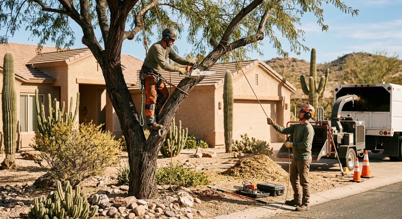 Stump grinding crew removing a desert tree stump on a Cave Creek property