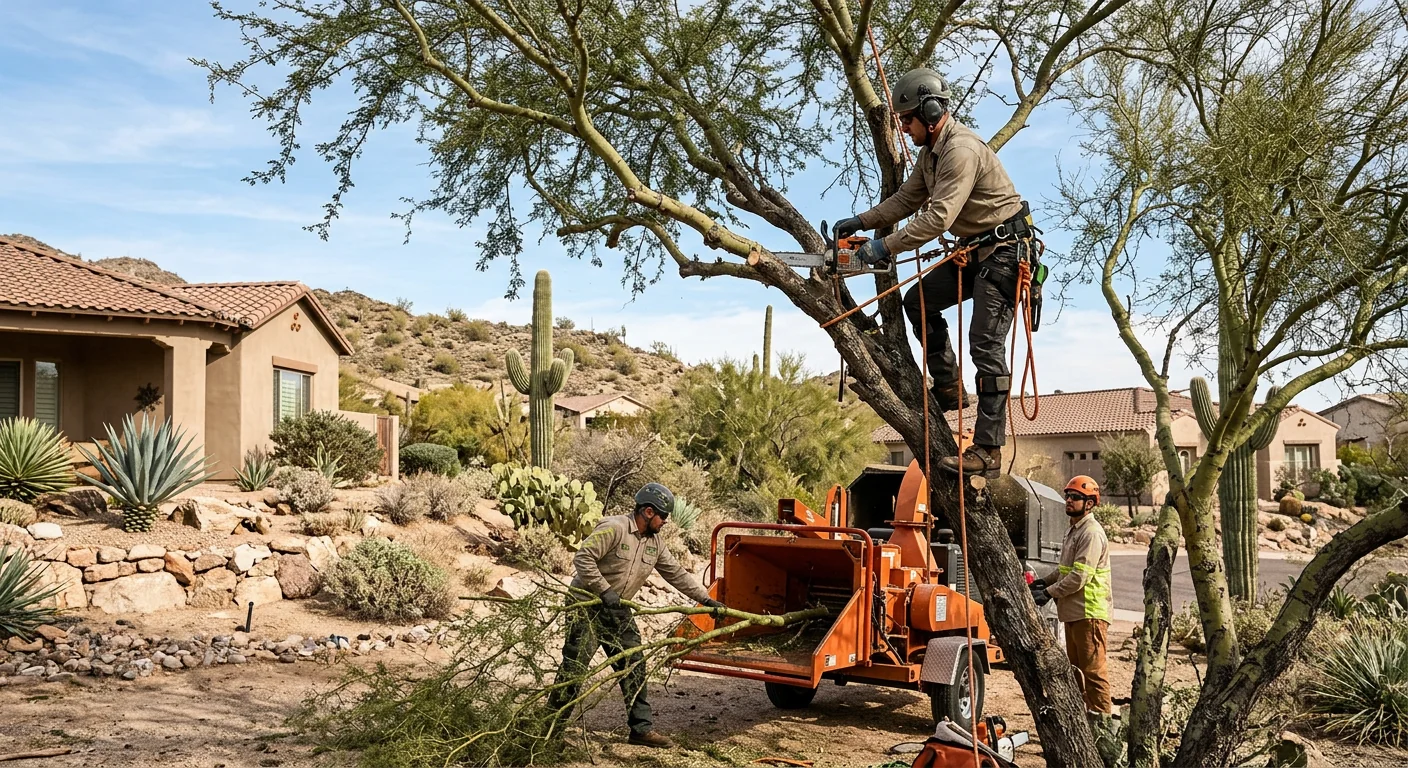 Cabling hardware and brace rods staged near a large branching desert tree in Cave Creek