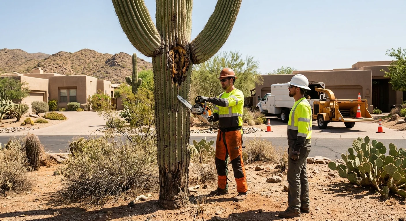 Arborist installing cabling support on a mature desert tree in Cave Creek