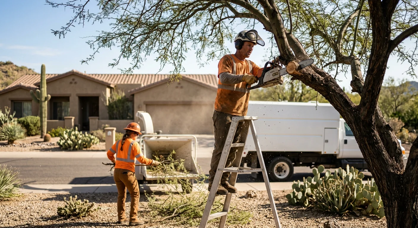 Arborist installing steel support cable in a mature desert shade tree