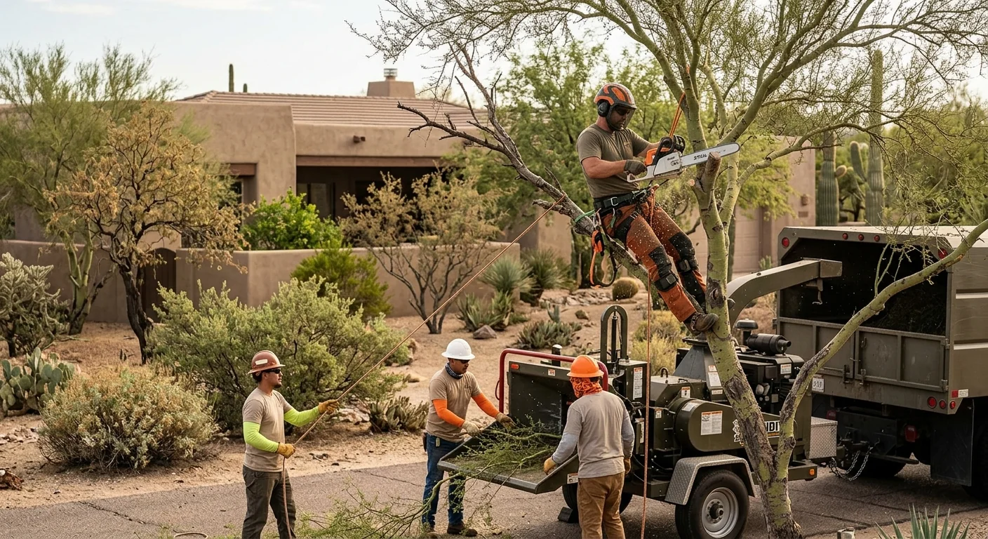 Arborist installing support cable in a mature desert tree canopy in Cave Creek