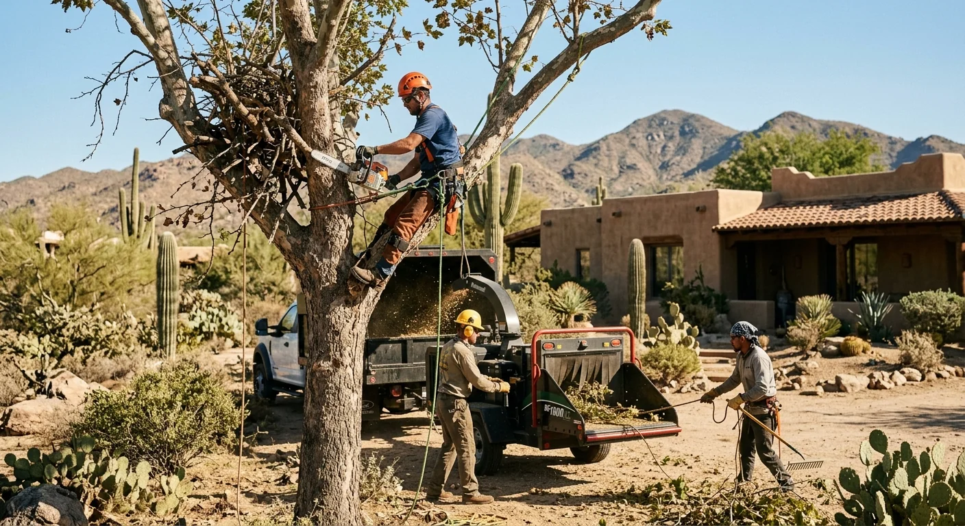 Arborist installing steel cable support in a mature desert tree in Cave Creek