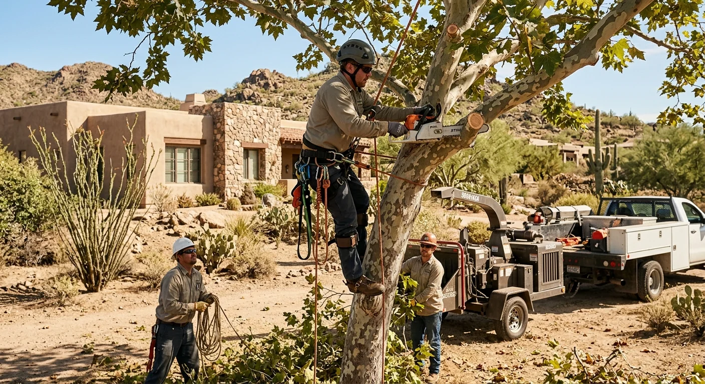 Arborist inspecting desert tree health on a Cave Creek property