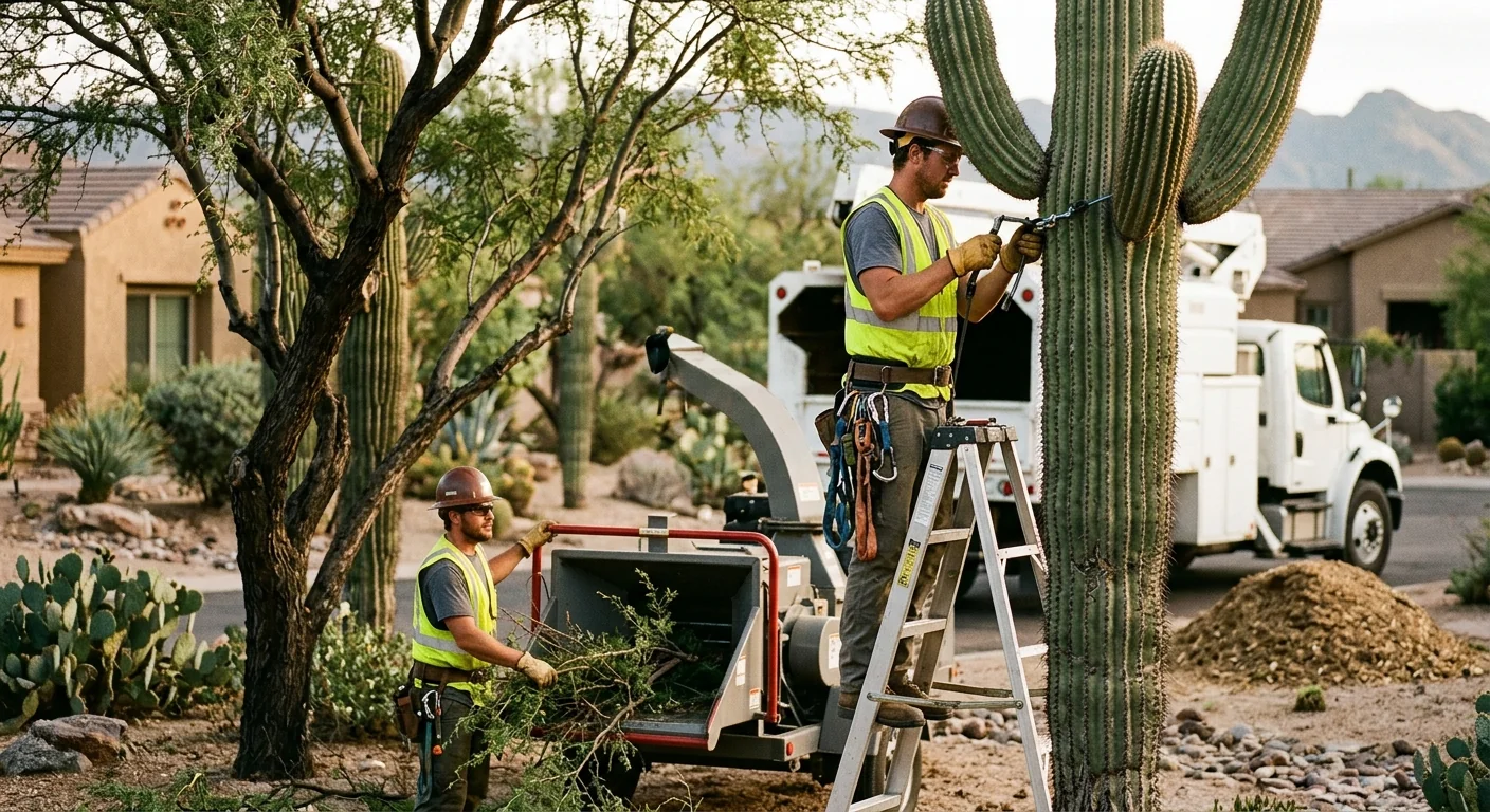 Arborist inspecting canopy vigor on a desert property in Cave Creek