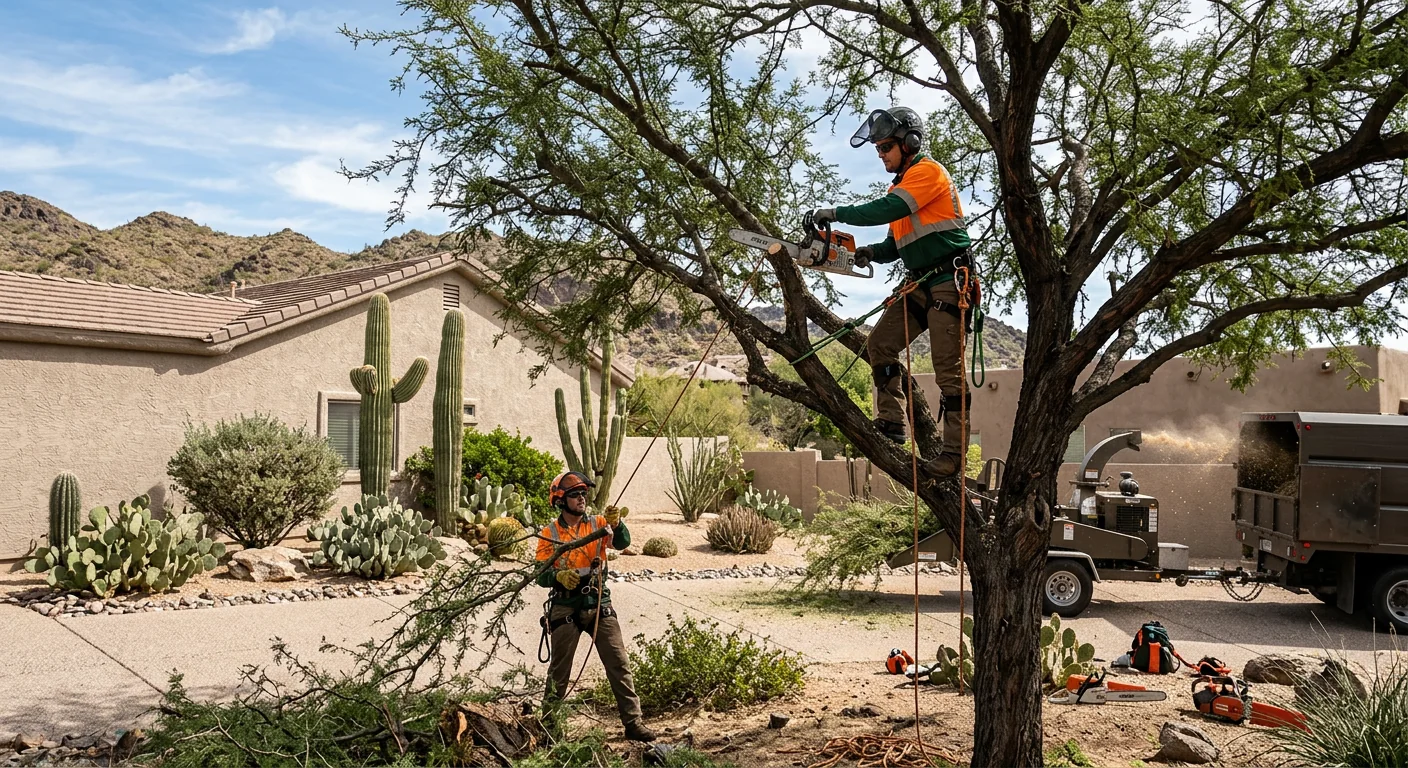 Arborist inspecting a mature desert tree canopy on a Cave Creek property