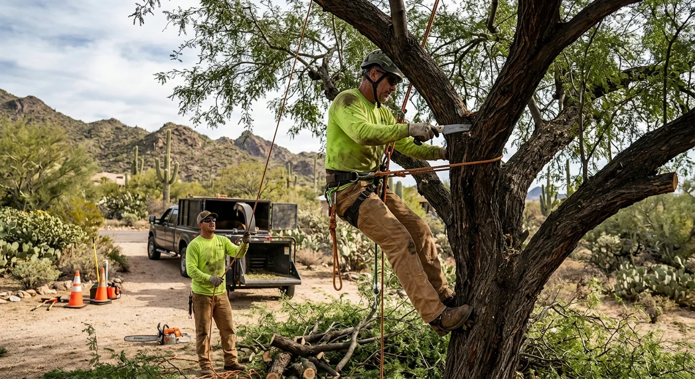 New shade tree installed with mulch ring and watering basin on a Cave Creek property