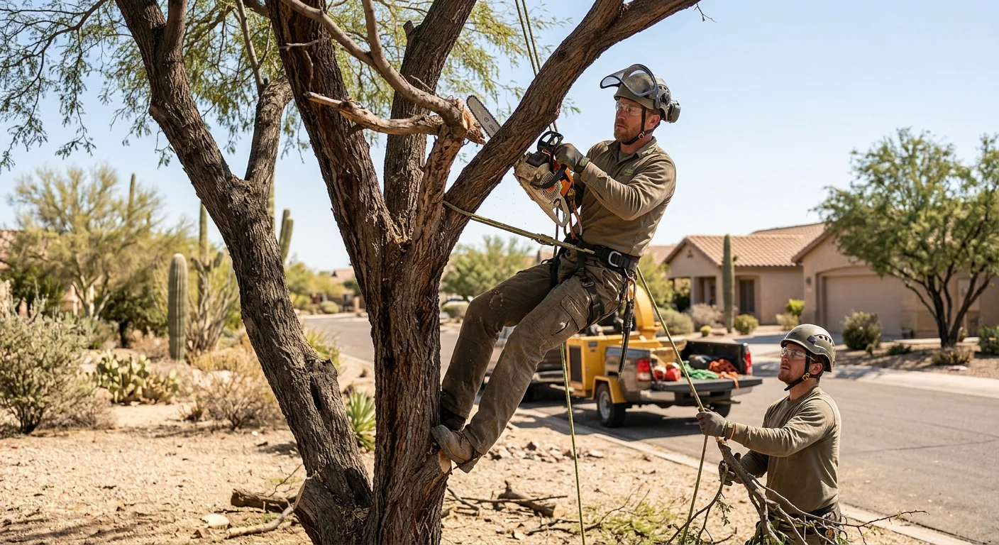 Arborist planting a young shade tree in a Cave Creek desert yard