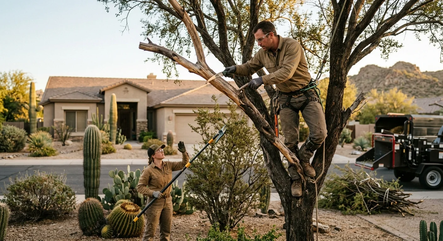 Arborist setting a young desert-adapted tree into a prepared planting pit