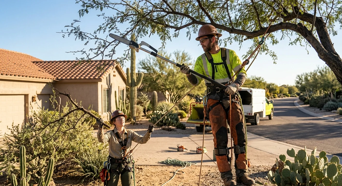 Crew setting a young desert-adapted tree into prepared soil on a Cave Creek property