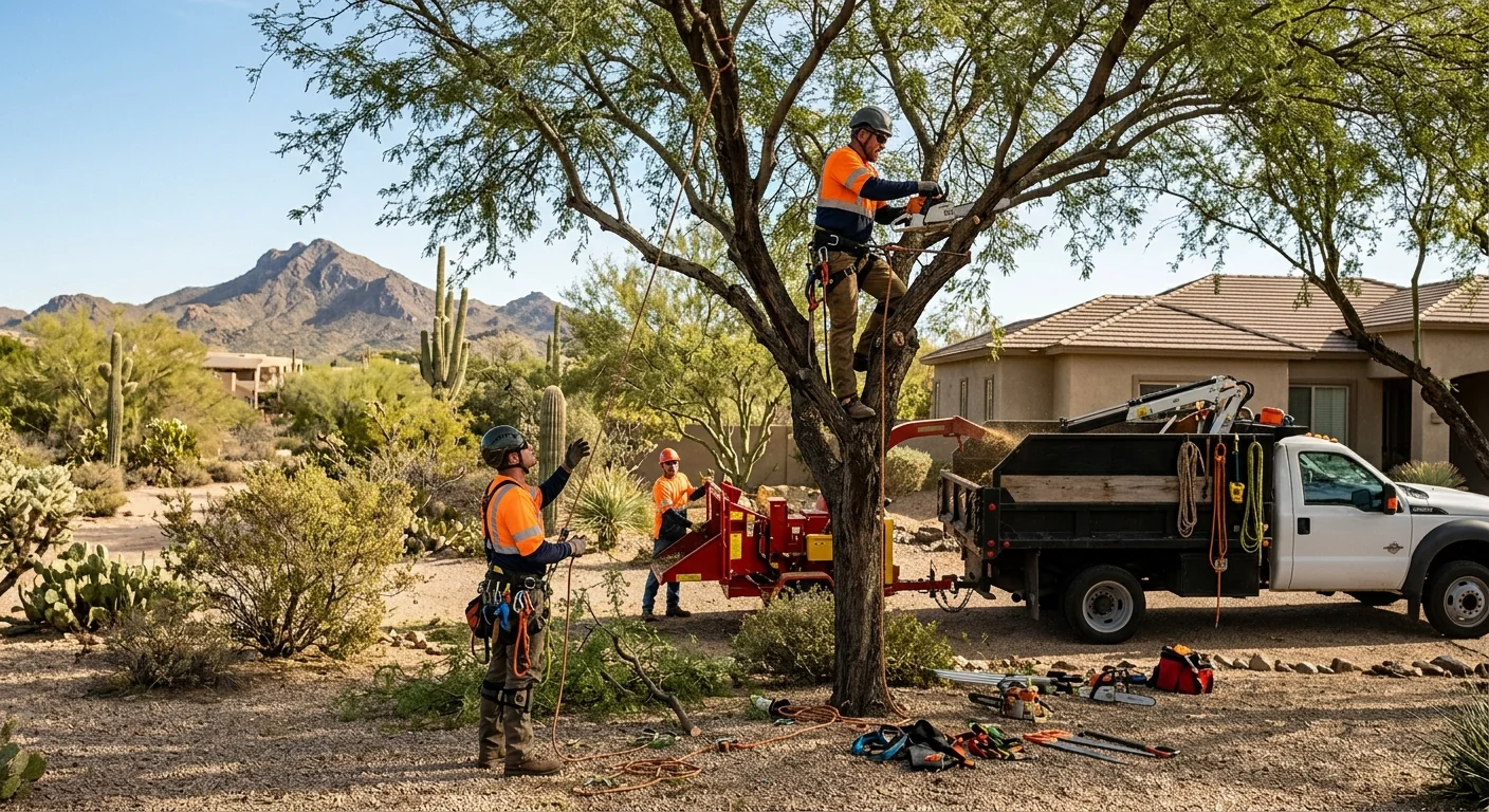 Arborist planting a young desert tree in prepared soil on a Cave Creek property