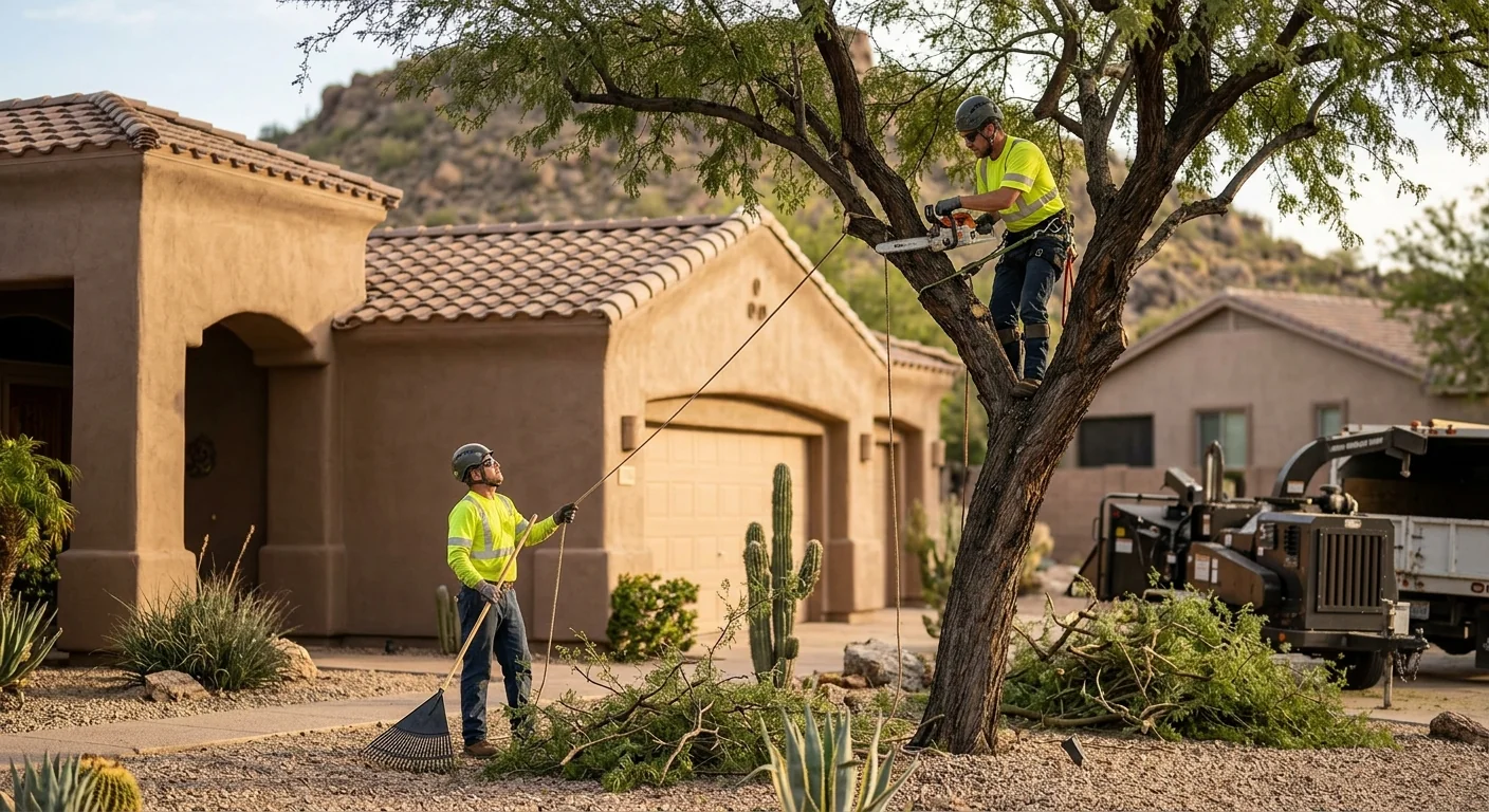 Crew assessing a mature tree canopy before pruning work in a Cave Creek yard