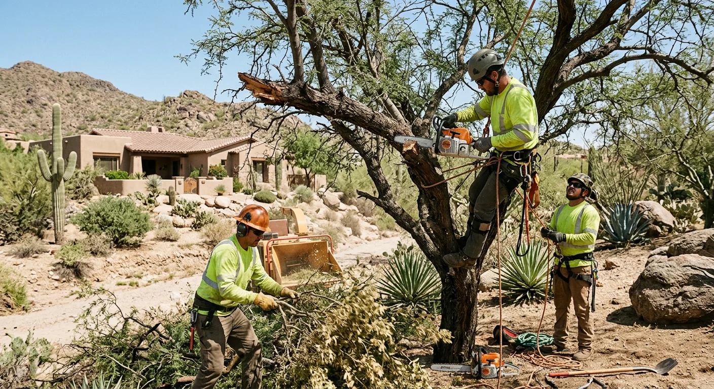 Arborist pruning a desert tree canopy on a Cave Creek property
