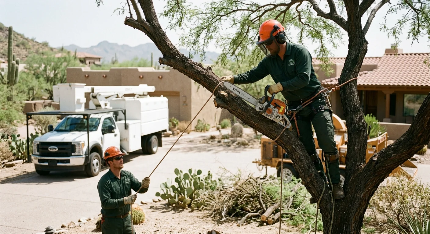 Arborist making a precise pruning cut on a desert shade tree