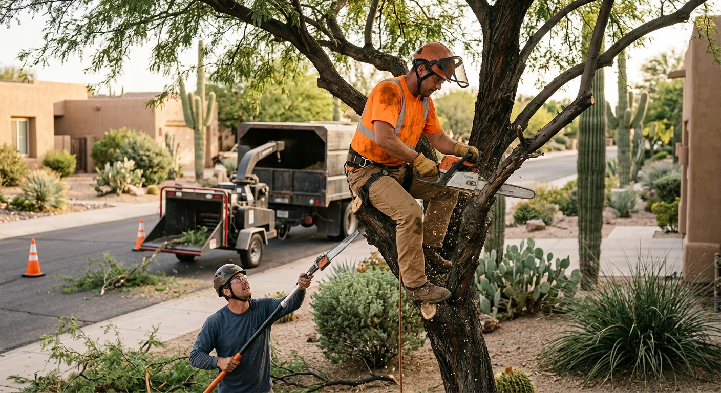 Arborist making a precise pruning cut on a desert mesquite tree in Cave Creek
