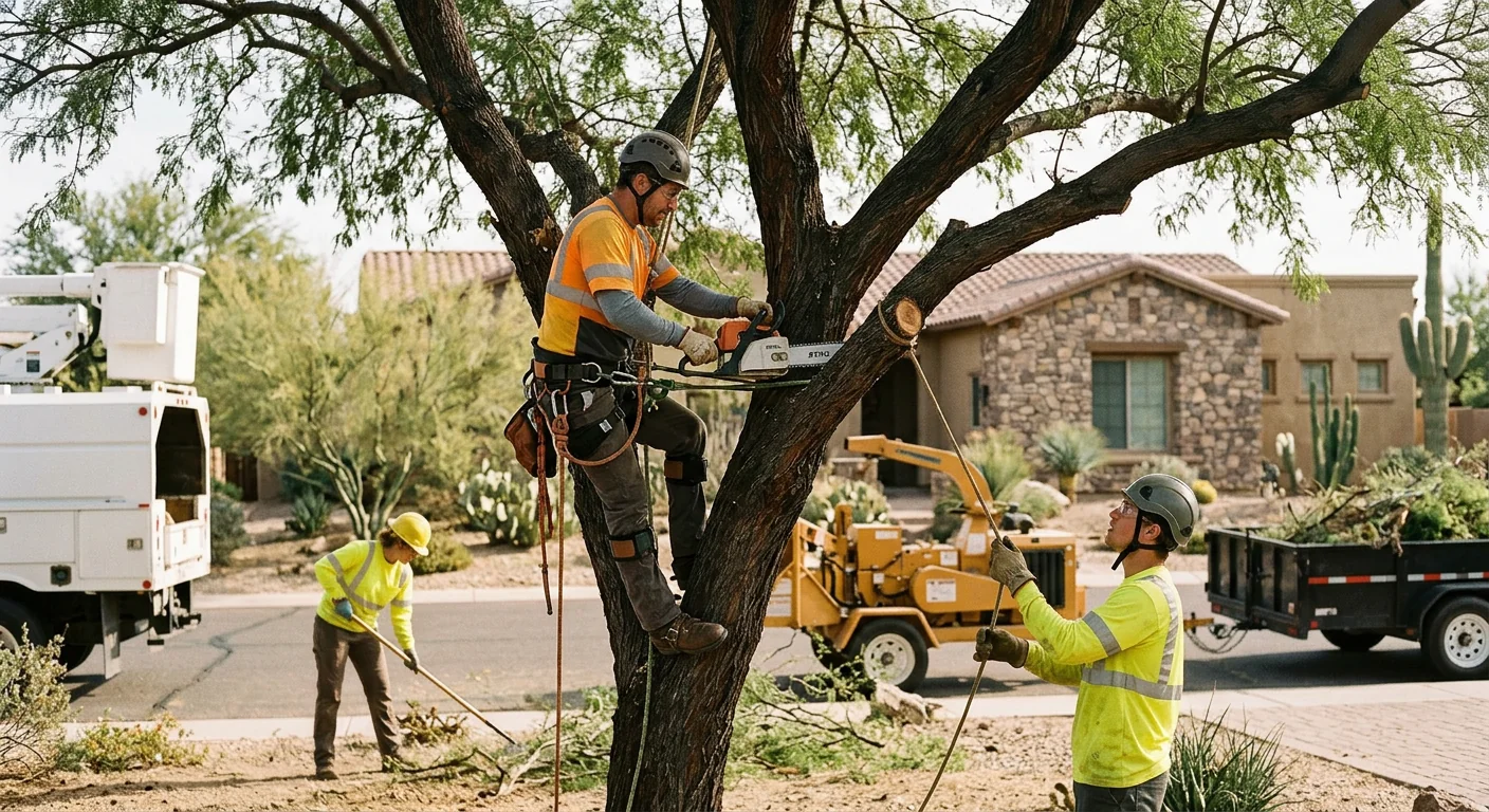 Arborist making precise pruning cuts on a desert tree canopy in Cave Creek