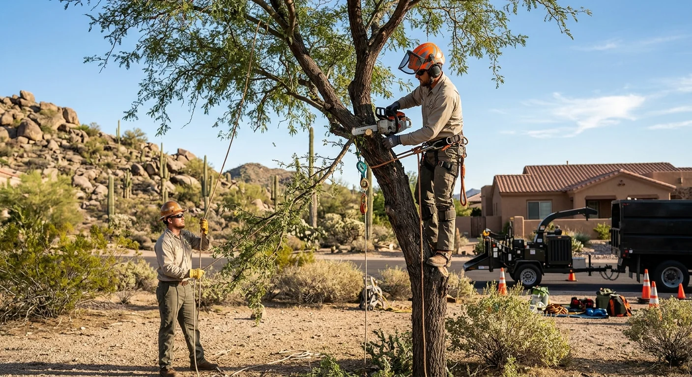 Crew reviewing a written tree removal estimate beside a large desert tree in Cave Creek