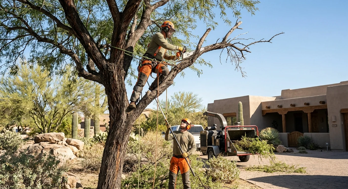 Tree service crew preparing to remove a large tree in Cave Creek