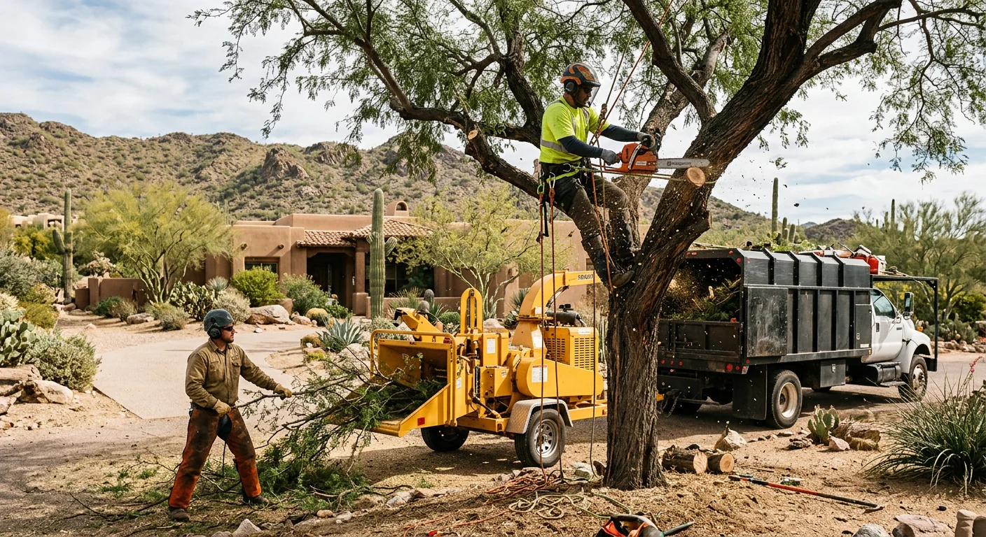 Arborist evaluating a large tree marked for removal in a Cave Creek desert yard