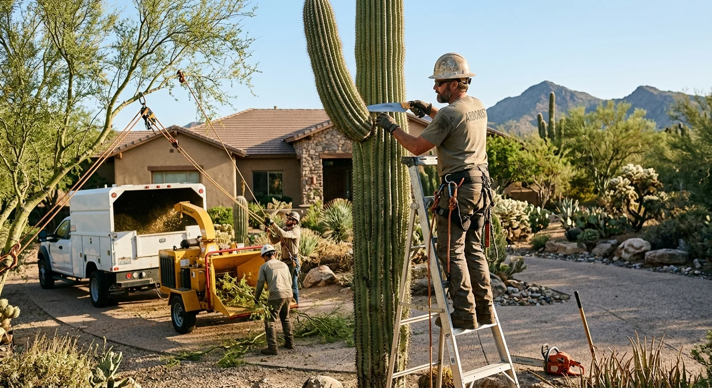 Tree removal crew sectioning a large desert tree in a Cave Creek yard